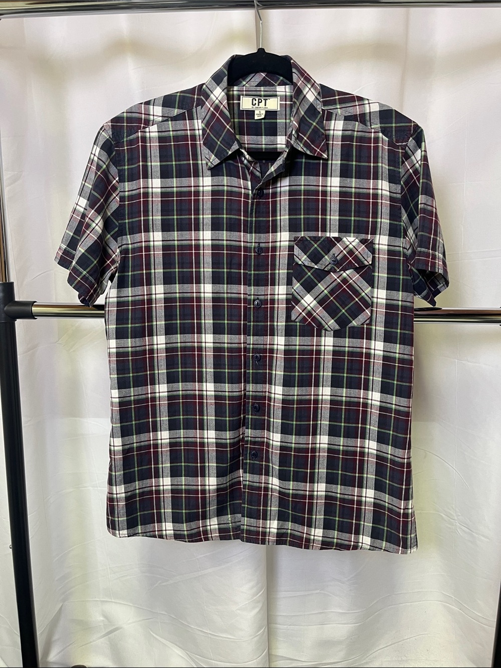 CPT by Cockpit USA Men's Short-Sleeve Plaid Button-Down Shirt Navy & Burgundy S